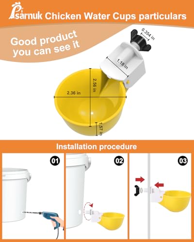 Chicken Waterer Cups (8 Pack) with 3/8" Drill Bit - Yellow | Automatic Poultry Drinker Feeder Kit for Chickens, Ducks, Turkeys, Quail, Bunnies | DIY Gravity Fed Bucket Water Dispenser - color: Yellow, size: 8 Pack + Drill bit