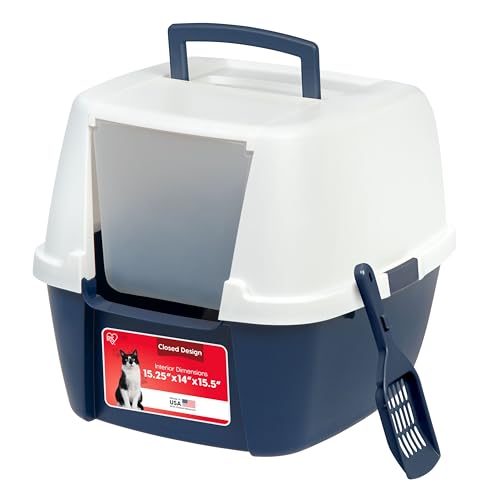 IRIS USA Large Front Door Cat Litter Box, Walk-in Entry, Navy | Nervous Cats, Private Enclosure Design, Covered Walk-Through, Flip Door Access, Privacy Hood, Contained Environment - color: Navy, style: Jumbo Enclosed