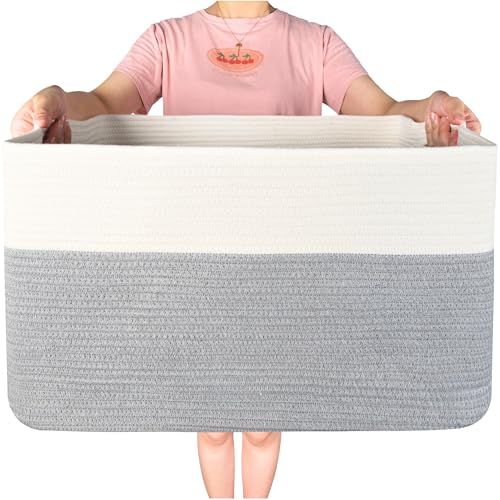 22in Extra Large Blanket Basket Holder Living Room, Rectangle Rope Woven Storage Basket with Handles for Laundry, Pool Towels, and Shoes, Dog Toy Organizer Bin Box, Gray - color: Gray