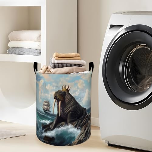 Regal Walrus with Crown by the Sea Laundry Basket with Handles, 19.7"x15.7" Clothes Foldable Laundry Hamper Organizer for Dorm Nursery Bedroom Bathroom Decor, Toy Storage Bin for Kids - style: Walrus44