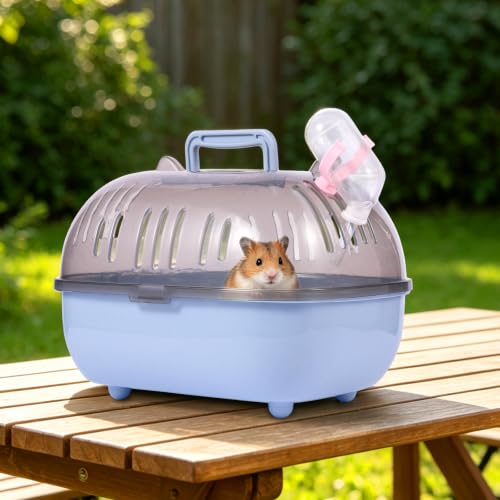 Small Animal Carrier Cage with Water Bottle, Portable Hamster Travel Carrier Carry Case for Small Pets, Gerbils, Mice, Dwarf Hamster (Blue)