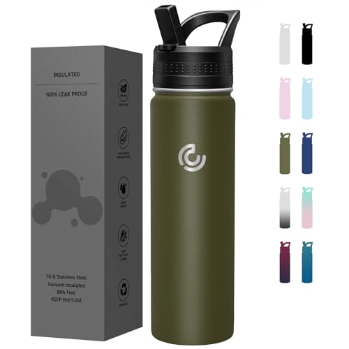 COKTIK 22oz Sports Water Bottle, Stainless Steel Water Bottle for Insulated, Reusable Travel Bottle, With Straw, With Handle Grip for Easy Carrying, Suitable for Cycling, Outdoor Vacations(Army Green) - color: Army Green, size: 22 Ounces