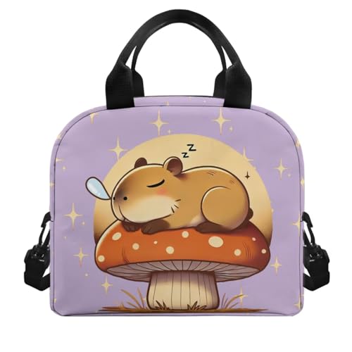 Mushroom Copybara Backpack and Lunch Bag Set for Girls Bookbags for 2Nd Grade Kids Water Bottle Holder and Large Capacity Pencil Case 4 in 1 Set School Presents for Daughter/Son - color: Mushroom Copybara