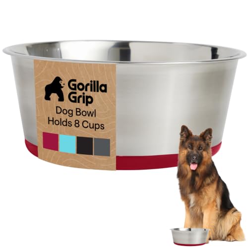 GORILLA GRIP Dog Bowl, Holds 8 Cups (64 fl oz), Food Grade 304 Stainless Steel Food and Water Bowl for Feeding Dogs and Cats, BPA Free Rubber Base, Easy Clean, Dishwasher Safe, Rust Resistant, Red - color: Red, size: 8 Cup (64 Oz)