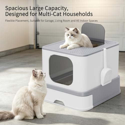 RIZZARI Stainless Steel Cat Litter: Enclosed, Top Entry, Easy Clean | Teflon Non-Stick Coating / High Splash Sides / Odor-Control Seal / Slide-Out Sifting Drawer / Leak-Proof / Multi-Cat & Garage - color: Gray