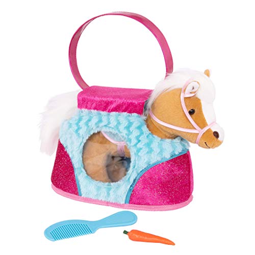 Pucci Pups Pucci Pals Plush Horse Carrier Set, Beige Horse Purse, Pet | Beige plush horse with white mane and tail, blue saddle, pink and blue carrier bag, carrot and comb for play, Pet, 2+ Years - style: Horse - Blue & Pink Bag