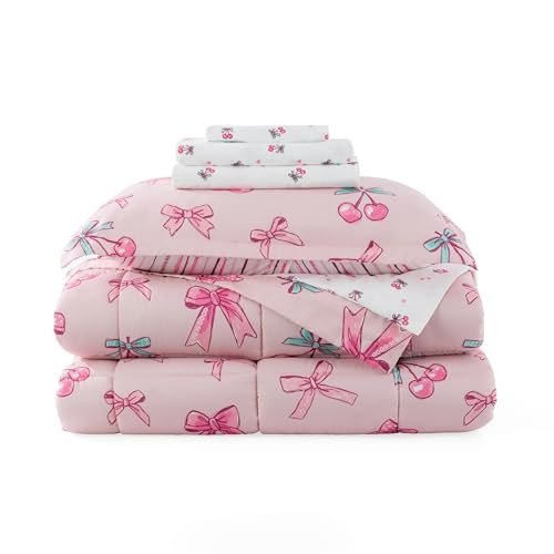 Berkshire LIG Printed Reversible Microfiber Comforter Set–7-Piece, Ultra Soft All-Season Bedding, Wrinkle & Fade Resistant, Full, Cherry Bows Blush - color: Cherry Bows Blush, size: Full