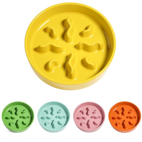 Ceramic Slow Feeder Dog Bowls Small Breed, 0.5 Cups Dog Food Dish for Fast Eaters, Puzzle Bowl for Small Dogs and Cats, 5.5 Inch-Yellow - color: Yellow