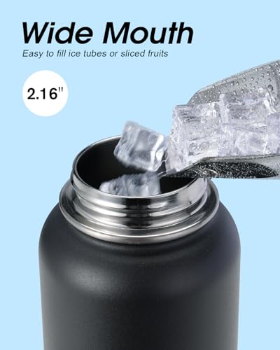 Coolflask 32 oz Water Bottle Insulated with Straw & 3 Leakproof Lids | Water Flask Stainless Steel Triple-Wall Vacuum,Cold 48+h, Dishwasher Safe,Wide Mouth,BPA-Free,Carrier Bag,for Gym,Hiking - color: Magic Black, size: 32 Ounces