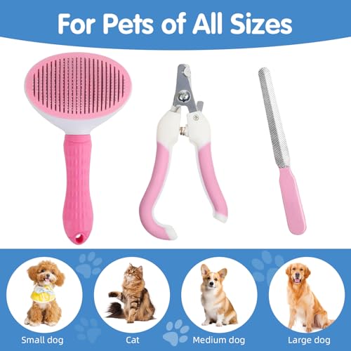 Aglads 3PCS Cat Rabbit Bunny Dog Grooming Kit, Self-Cleaning Slicker Cat & Dog Brush for Shedding, Fine-Needle Comb, Pet Nail Clipper & File for Long/Short-Haired Pets, Easy to Remove Loose (3, pink) - color: Pink