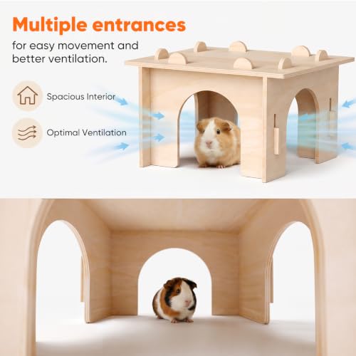 Guinea Pig Hideout, Large Wooden Guinea Pig House Hut, Bunny House | 8mm Premium Thickened Boards, Spacious Room & Multi-Opening for Better Ventilation, Tool-Free Assembly, Sturdy Construction - size: Style 1: 11.8 x 11 inches