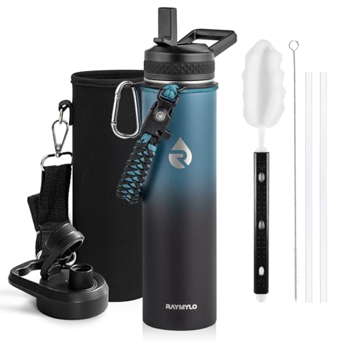RAYMYLO Insulated Water Bottle 24 oz, Triple Wall Vacuum Stainless Steel | (Cold for 24Hrs, Hot for 12Hrs), Leak Proof & Non-BPA, Modern Water Flask Jug with Paracord Handle & Straw Spout Lids