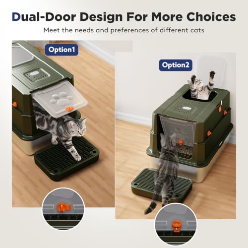 FURTIME Stainless Steel Litter Box with Lid, Enclosed Metal Cat Litter Box | XL Extra Large, Cat Box with High Sided Enclosure & Scoop, Big Cats, Front & Top Entry, Odor Free, Anti-Leakage, Green - color: Green, size: X-large