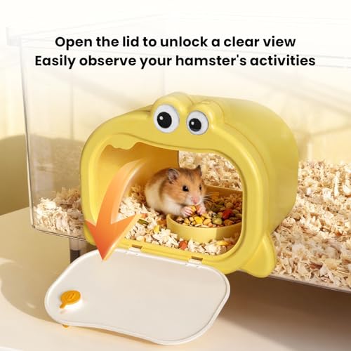 Hamster Hideout with Magnetic Holder for Cage - Open Lid Visible Hamster House Inside for Syrian Dwarf Mouse Rat Gerbils Mice Cage Accessories (Cartoon)