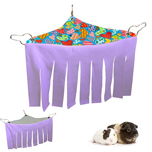 RIOUSSI Guinea Pig Hideout Hideaway Corner Fleece Toys Cage Accessories | Reversible Sides | Soft Fleece Fabric | Come with Hooks | Guinea Pig Hammock for Small Animals | Purple, Triangle - color: Purple