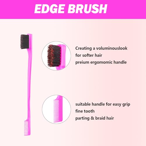 DAN Technology Hair Styling Set - 3 Pieces Teasing Comb, Rat Tail Comb, and Edge Brush for Slicking Baby Hair & Flyaways - Pink