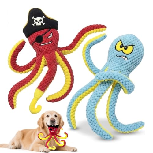 Interactive Octopus Dog Toy, Plush Dog Toy with Crinkle Paper & Squeaker, Tug of War Dog Toy for Small Medium Large Dogs, Soft Dog Chew Toy for Indoor Play, Puppy Training (J-Octopus-Green+Red) - color: J-Octopus-Green+Red