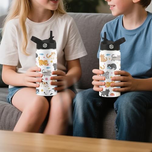 Cute Water Bottle with Straw Lid, 16 oz Cat Water Bottle, Cat Gifts | Stainless Steel Insulated Tumbler, Cute Cats Birthday Cups Gifts for Boys Girls Cats Lovers - color: Cats