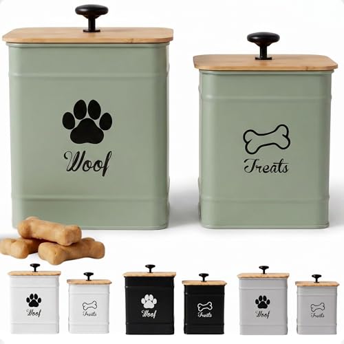 Dog Treat Container Set of 2 with Airtight Bamboo Lids - 8x6 & 7x5 inch | Fits All Popular Treats, Up to 20 Cups Combined Capacity, Airtight Bamboo Lid, Easy Open Lid, Dent-Resistant Durable Metal - color: Sage Green - Large