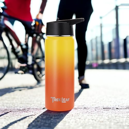Travel Water Bottle with 3 Lids (Spout, Straw, Flip) Leak Proof, Quality, Vacuum Insulated, Stainless Steel (Sunrise, 18 oz) - color: Sunrise, size: 18 Ounces