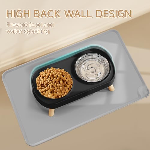 Elevated Cat Bowl with Food Mat, Raised Cat Food and Water Bowl Set for Indoor Cats, Splash Proof with 2 Stainless Steel Pet Food Bowls for Cats and Puppies,Whisker Fatigue and Dishwasher Safe (Black) - color: Cat Bowls with mat - black