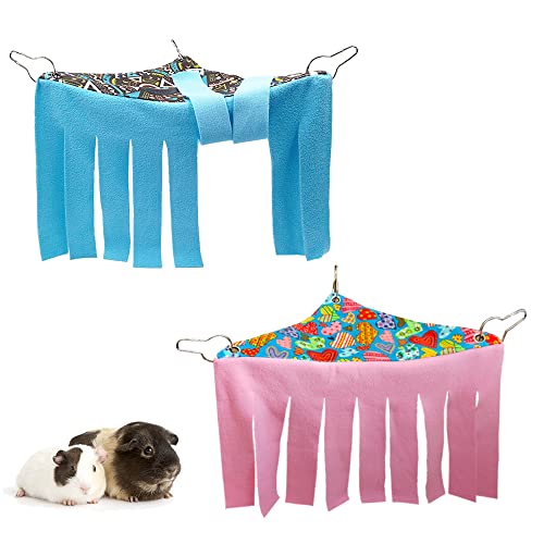RIOUSSI Guinea Pig Hideout Hideaway Corner Fleece Toys Cage Accessories | Reversible Sides | Soft Fleece Fabric | Come with Hooks | Guinea Pig Hammock for Small Animals | Blue+Pink, Triangle - color: Blue+Pink