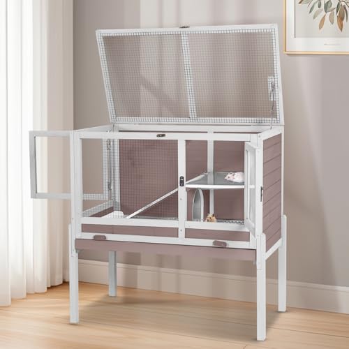 Wooden Guinea Pig Cages Indoor,Two-Story Wooden Rabbit Cage Hutch with Removable Stand and Pull Out Tray, Small Animals Cage Habitat with Ramp and Plastic Mesh(Brown&White) - color: Brown&White