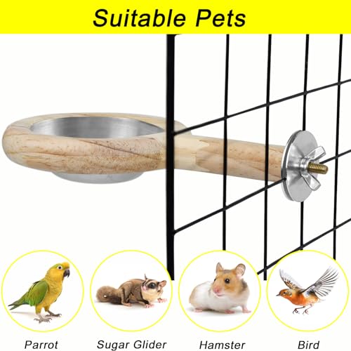 2-Pack Bird Perch Feeding Cup for Parakeet Cockatiel Budgie | Solid wood perch with stainless bowl secures to cage, preventing spills and scattered seeds for small birds - color: 2*large bird feeding cup