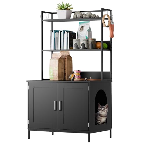 Cozy Castle Cat Litter Box Enclosure with Storage, 57'' Hidden Cat House Furniture, Wooden Cat Cabinet with Shelves & 4 S-Hooks, Indoor Cat Litter Box Organizer, Black - color: Black