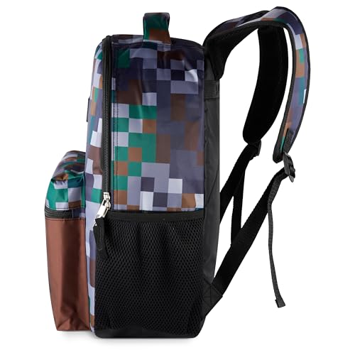 AI ACCESSORY INNOVATIONS Minecraft Backpack for Kids, Pixelated Block Print Design with Adjustable Straps, 16 Inch Rectangular Daypack, 3 Zippered Compartments, Water Repellent Polyester - color: Minecraft