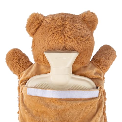 HomeTop Premium Classic Rubber Hot Water Bottle with Cute Bear Cover | Natural rubber hot water bottle,Long-lasting heat retention,Snuggly all-night warmth - color: White