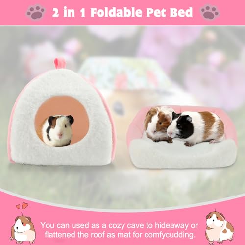 BWOGUE Guinea Pig Bed Hideout, Washable Hamster Cave for Small Animals | Removable Cushion for Cleaning, Warm Fleece Nest, Washable Bed, 10.23 x 10.23 x 11 in, Dwarf Rabbits Hedgehogs - color: White+Pink