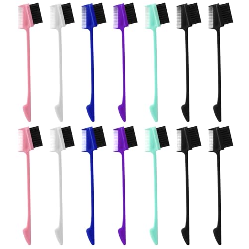 14 Pcs 3 in 1 Hair Edge Brushes, Double Sided Hair Combs, Rat Tail Comb, Smooth Comb Grooming, Natural Styling Eyebrow Combs for Women, 6 Colors