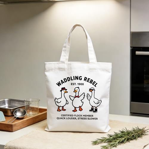 ANATTASOUL Canvas Tote Bag Reusable Cotton Bag for Women, Large 14.96"x 15.74" Cloth Shoulder Bags with Zipper Pockets - style: Goose With Sunglasses