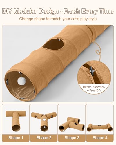 Cat Tunnel, 3 Straight Shaped Tunnels 6 DIY Shapes with Wand Toys, No Noise Scratch Resistant Cool Linen Fabric, Interactive Pet Tunnel Tube for Indoor Cats, Puppy and Rabbits - color: Brown