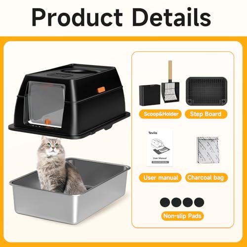 XL Enclosed Stainless Steel Litter Box with Lid, Black | covered, High Sided, Rustproof & Leak Proof, Easy Clean, Odor Control, Includes Scoop & Step & Mat - color: Black