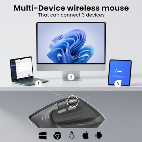 CITLLA Ergonomic Bluetooth Mouse for Laptop, Rechargeable Wireless Mouse with Multi-Device Switching, Silent Click, Flying Scroll & Thumb Wheel, 4800 DPI for PC, Mac, Tablet and Phone (Black) - color: Black
