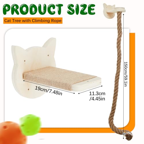 Weysat 2" x 4.92 ft Cat Climbing Rope with 2 Jumping Platform Wall Mounted Thick Jute Cat Scratching Post Furniture Wall Climbing System for Kittens & Large Cats(Wood,Kitten Head) - color: Wood, style: Kitten Head