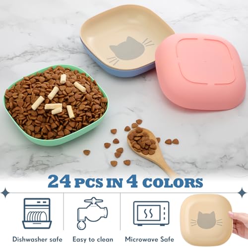 Tioncy 24 Pcs Fatigue Relief Cat Bowl 5.7 Inch Shallow Cat Food Dish Wide and Small Pet Wet Feeding Bowl for Kitten Short Legged Kitten Ferrets Feral Small Animals (Blue, Green, Pink, Beige,Cute) - color: Blue, Green, Pink, Beige, style: Cute