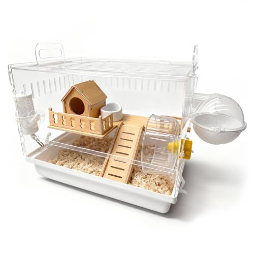 Acrylic Hamster Cage, 2-Tier Hamster Cage with Wooden Accessories for Dwarf Syrian Hamsters,14"x10"x*11" Clear Pet Mice Small Hamster Habitat Gerbils House