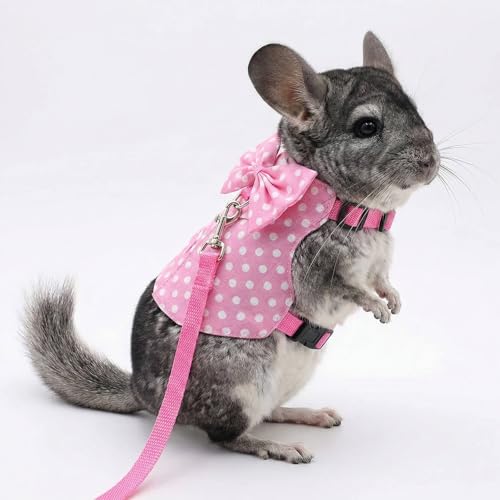 Bunny Harness and Leash Set, Soft Mesh Rabbit Harness with Bow, Adjustable Escape Proof Vest for Small Pets Rabbits Kittens Guinea Pigs (Pink Polka Dots, S) - size: S