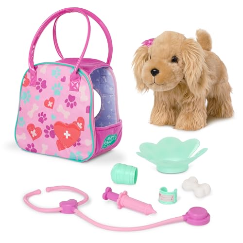 Pucci Pals Plush Cocker Spaniel Vet Care Carrier, 8-Piece Dog Set, Pet | 8-piece plush pet playset with Cocker Spaniel, pink and blue carrier bag, stethoscope, syringe, cast, cone, 2+ Years - style: Cocker Spaniel with Vet Kit