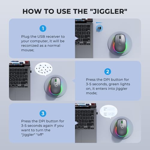 PEIOUS Wireless Mouse Jiggler - Keep Computers Awake, Space Grey | Rechargeable LED Mouse, Silent Clicks, Adjustable DPI and Random Movement Keep Computers Awake for Laptop/PC/Mac - color: Space Grey