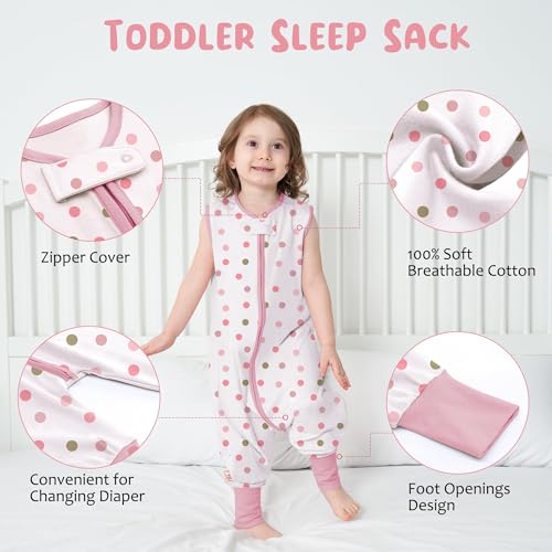 Miracle Baby Sleep Sack with Feet, 0.5 TOG 100% Cotton Wearable Blanket with Legs, Sleeveless Sleeping Bag for Babies(2 Pack) - color: Pink + Dots, size: M (12-24 Months)
