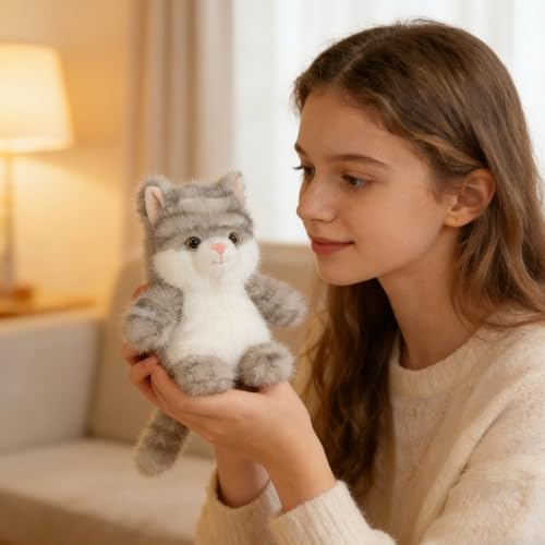 PEACH CAT Cat Stuffed Animal Cute Kitten Plushies Small Plush Toys Gifts for Kids Grey (Squeaky) - style: Grey Cat