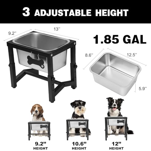 Metal Elevated Dog Bowls – 3 Adjustable Heights (9.2"-12") with 1.85GAL Stainless Bowl, Elevated Dog Bowls Medium/Large Breed, Elevated Dog Water Bowl, Neck & Joint Protection - size: 1.85 gallon