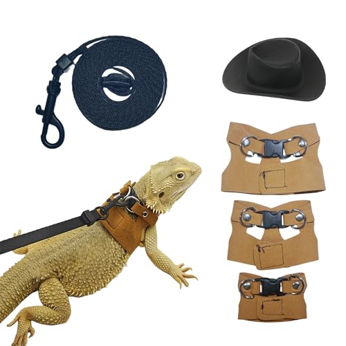 Reptile Pets Leash Harness Set with Jackets and a Hat for Bearded Dragon Lizard, Leopard Gecko and Other Small Animal Pets, Outdoor Play - color: Black