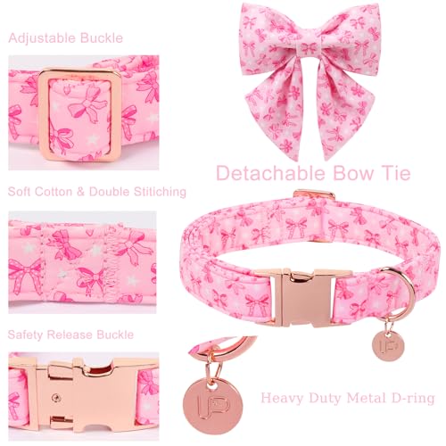 Pink Bow Dog Collar with Bowtie, Adjustable Cotton Puppy Collar with Charm and Metal Buckle, Bowtie Dog Collars for Small Medium Dogs - color: PinkBow CSB, size: XS