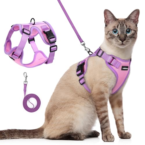 rabbitgoo Cat Harness and Leash Set, Escape Proof, Pink & Purple | Adjustable Fit, Snap Buckles, Soft Breathable Vest, Secure Clip, Reflective Strips, for Average Cats Walks, S - color: Pink & Purple, size: S