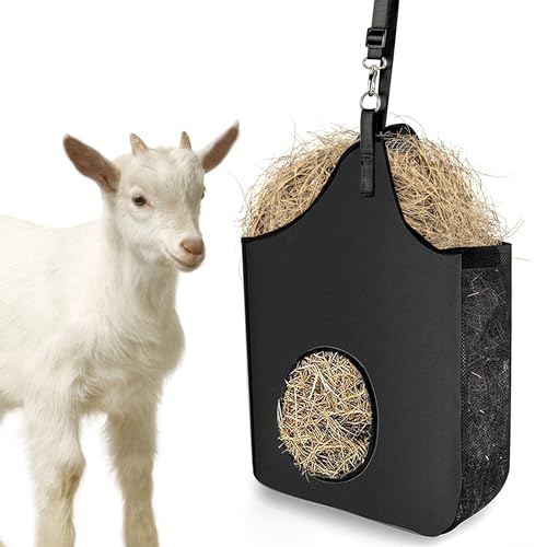 Hay Bag Hanging Goat Feeder Tote with Adjustable Strap | Premium Oxford Cloth with metal ring,Breathable mesh sides,for Horses Donkeys Cows Alpacas Ostriches & Other Animals,Black - color: black-1